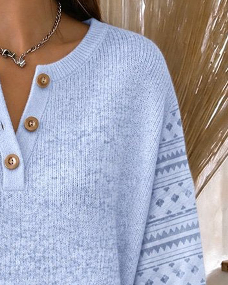 Sweat Col Rond Boutonné Rayé Loose