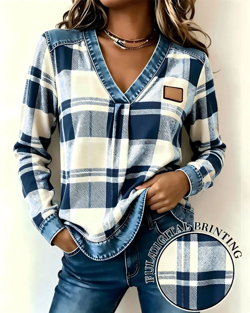 Haut Col En V À Carreaux Denim Patchwork