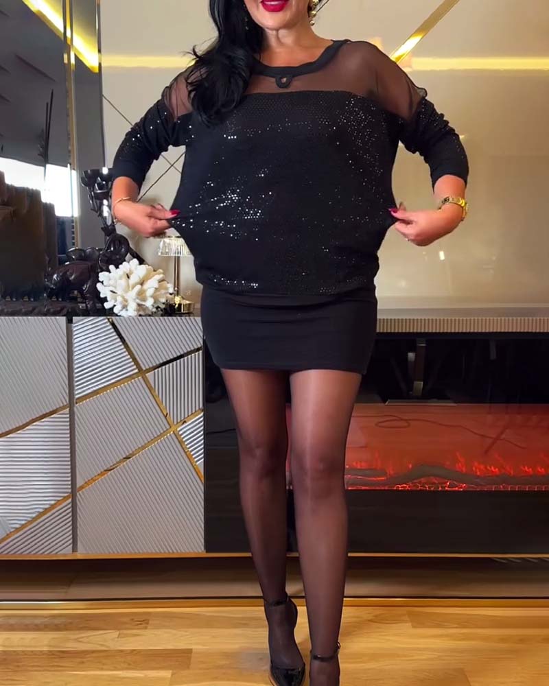 Top tendance col rond coutures pailletées tempérament