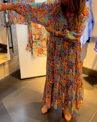 Robe longue trapèze imprimée à col en V