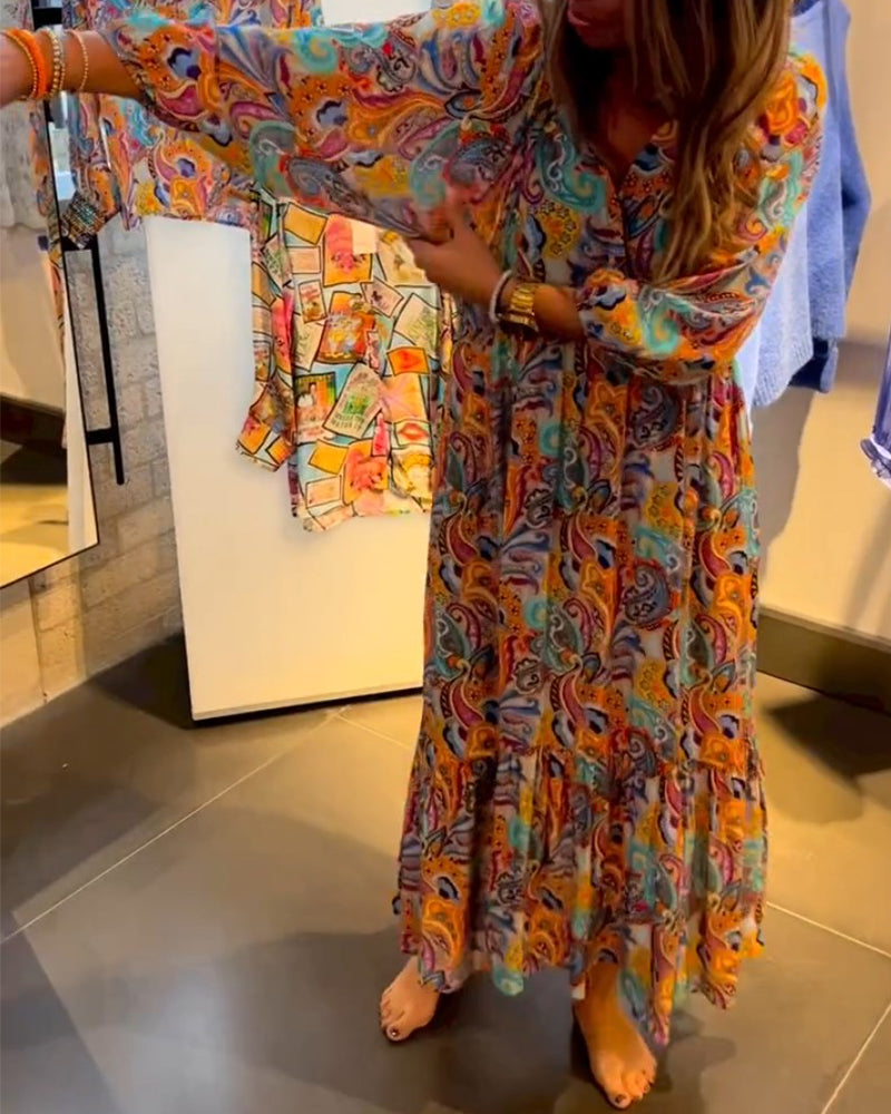 Robe longue trapèze imprimée à col en V