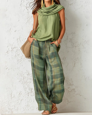 Ensemble Haut Sans Manches Carreau Jambe Large Pantalon