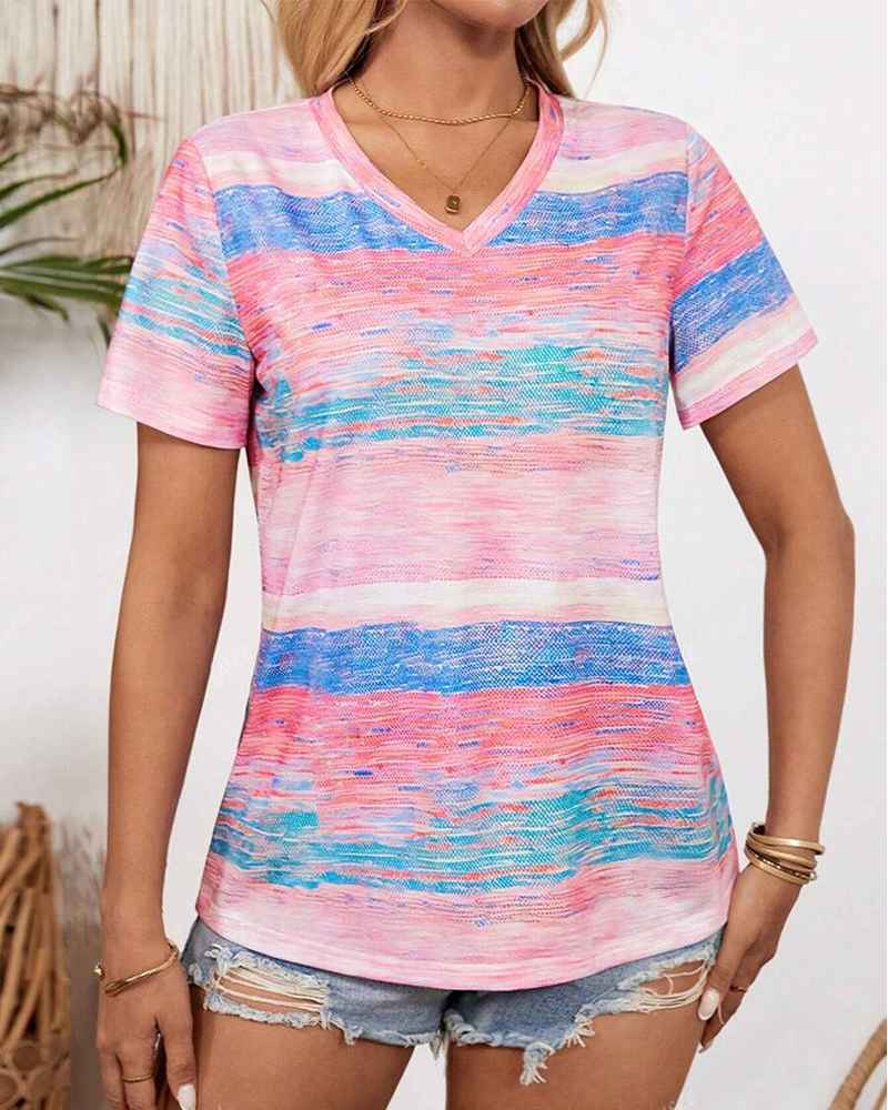 T-Shirt Col En V Rayé Multicolore Polyvalent