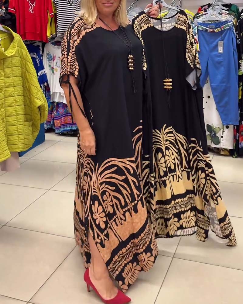 Robe ample imprimée à lacets, col rond, manches courtes