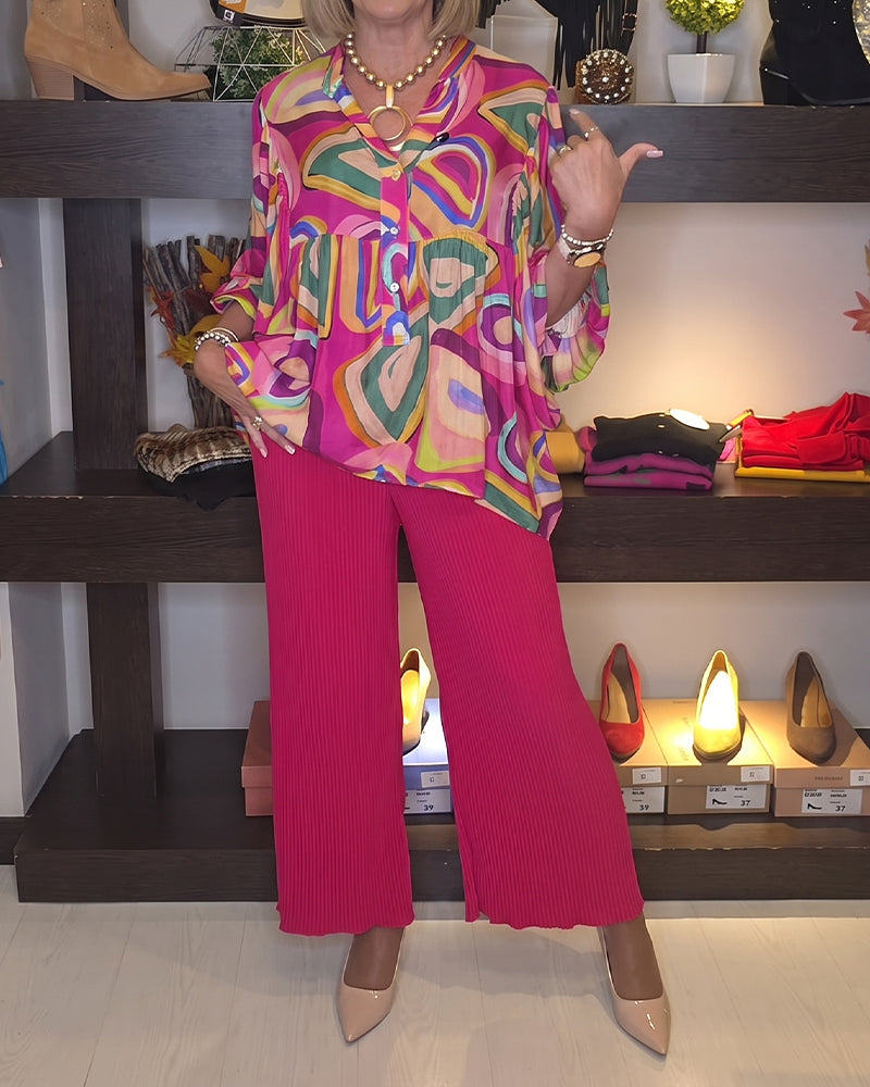 Blouse Colorée Géométrique Manches Ballon Imprimée