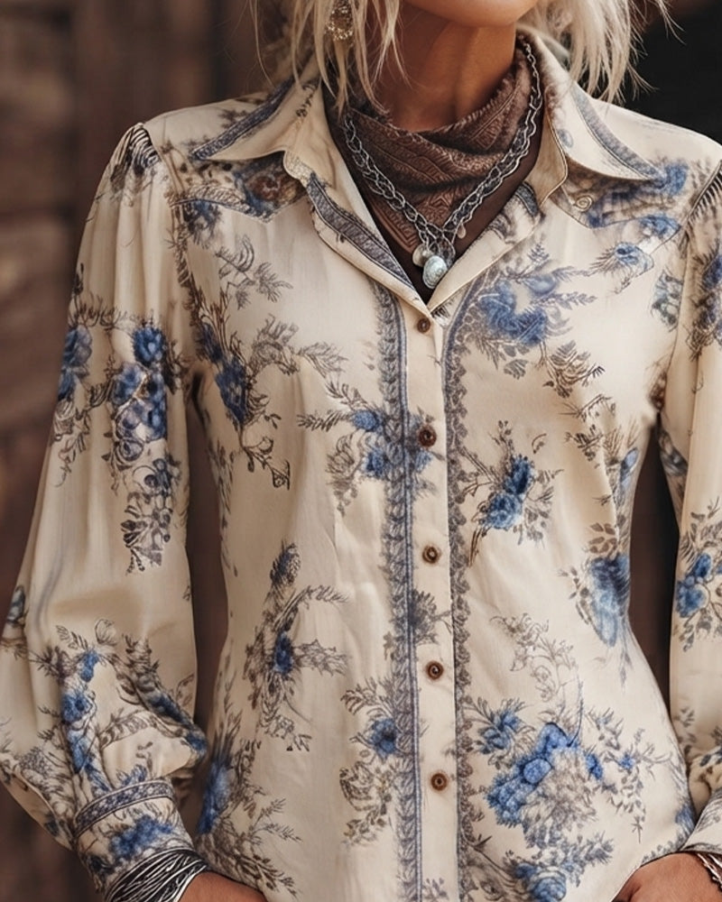 Chemise À Col À Manches Longues À Fleurs Style Vintage
