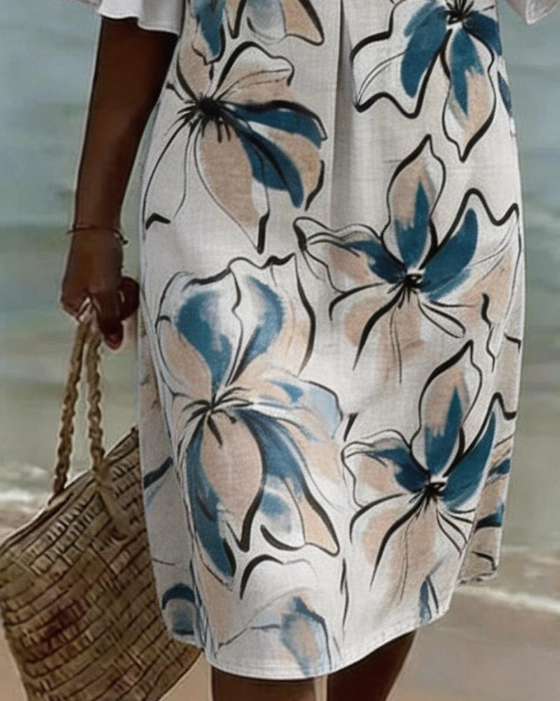 Robe Col V Aquarelle Floral Fourreau
