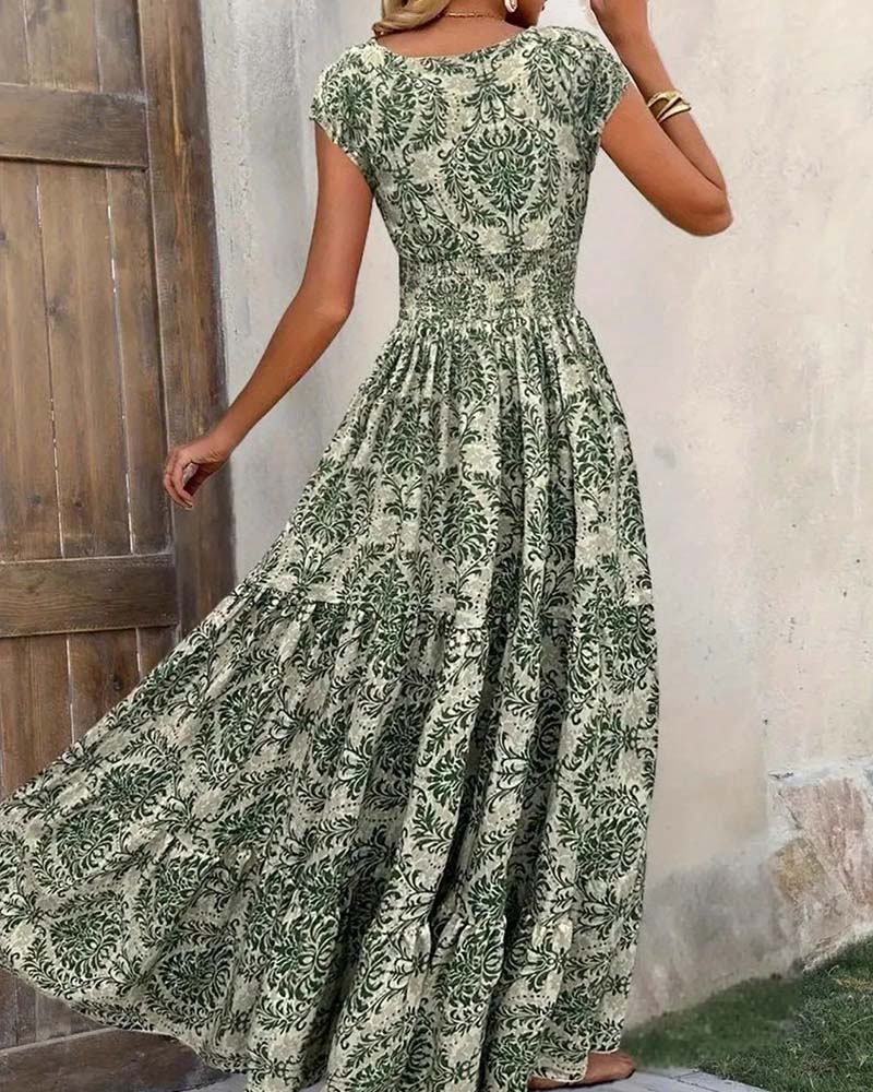 Robe Rétro Imprimé Col En V Taille Cintrée Longue