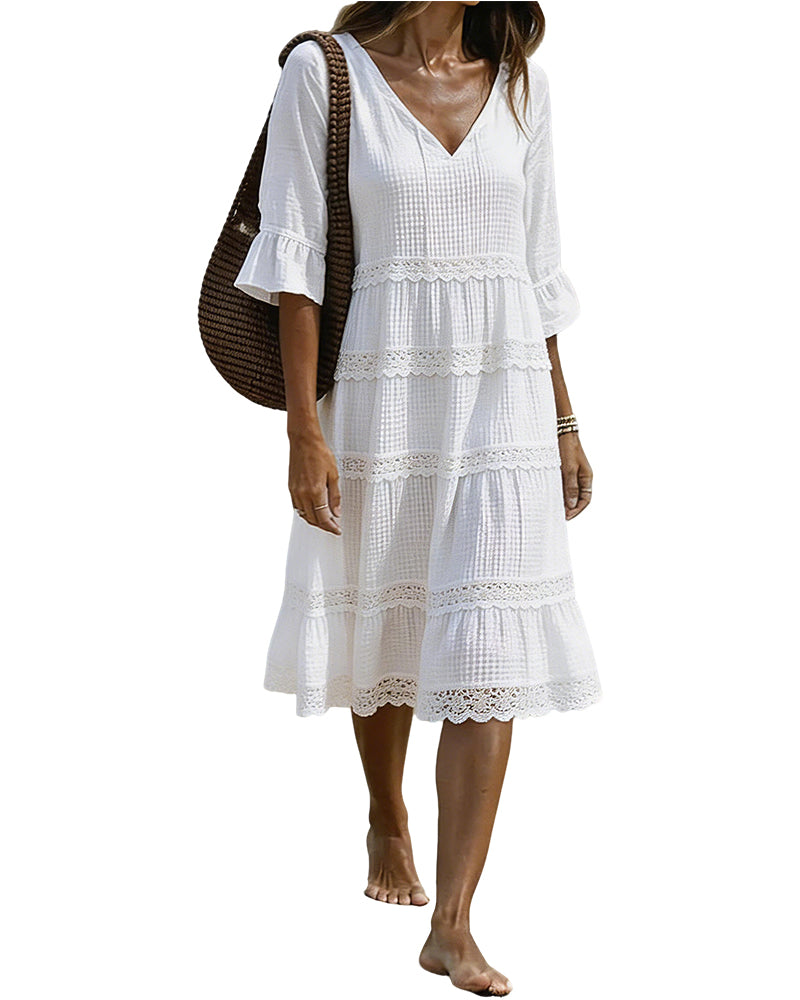 Robe Col V Dentelle Patchwork Manche Moyenne