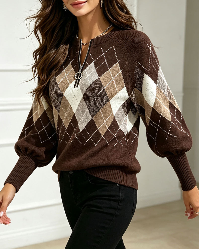 Pull À Carreaux Jacquard Demi-Zip Manches Lanterne