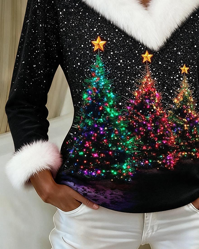 Haut Arbre De Noël Imprimé Peluche Col V