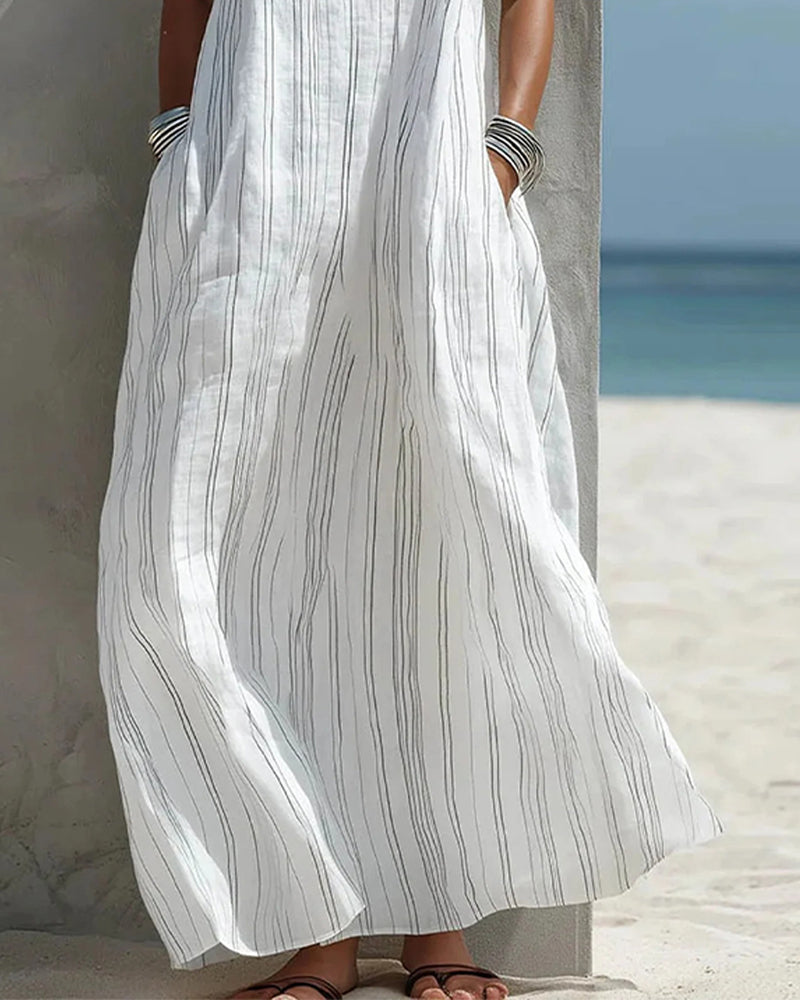Robe Col Carré Rayure Fine Bretelle Camisole Maxi