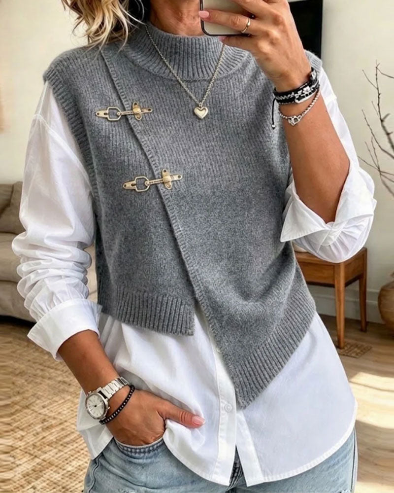 Ensemble Demi Col Roulé Diagonal Boutonné Pull Gilet