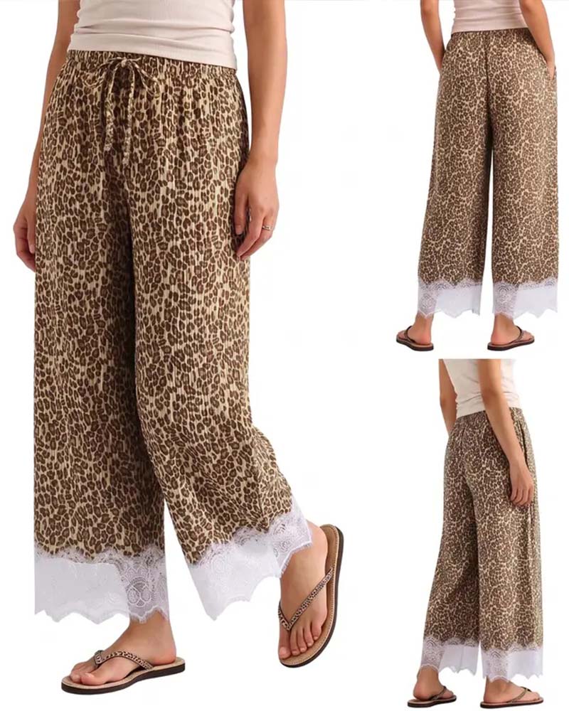 Pantalon Taille Élastique Léopard Dentelle Spliced Jambe Large