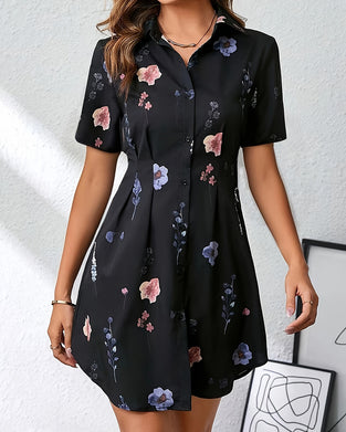 Robe Imprimée Manches Courtes Col Revers