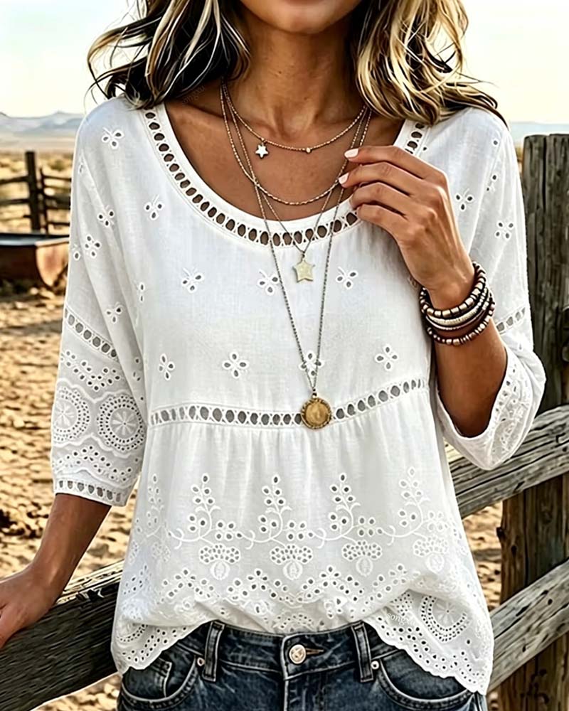 Blouse Col Rond Évidé Unie