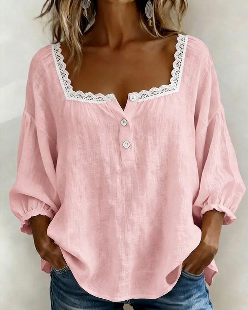 Blouse À Col Carré En Dentelle Manches Bouffantes