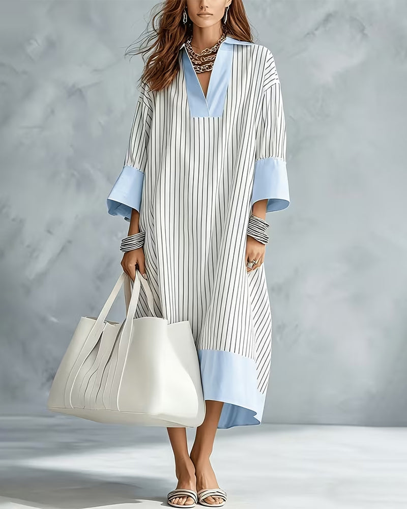 Robe Bloc De Couleur Rayée Chemise Longue