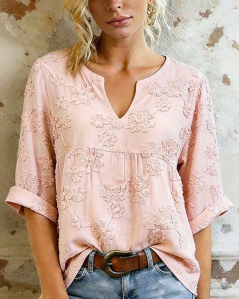 Blouse 100% Coton Col En V Imprimé Fleur Manche 3/4