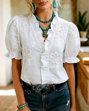 Blouse Col En V Bordure Volantée Manche Bouffante