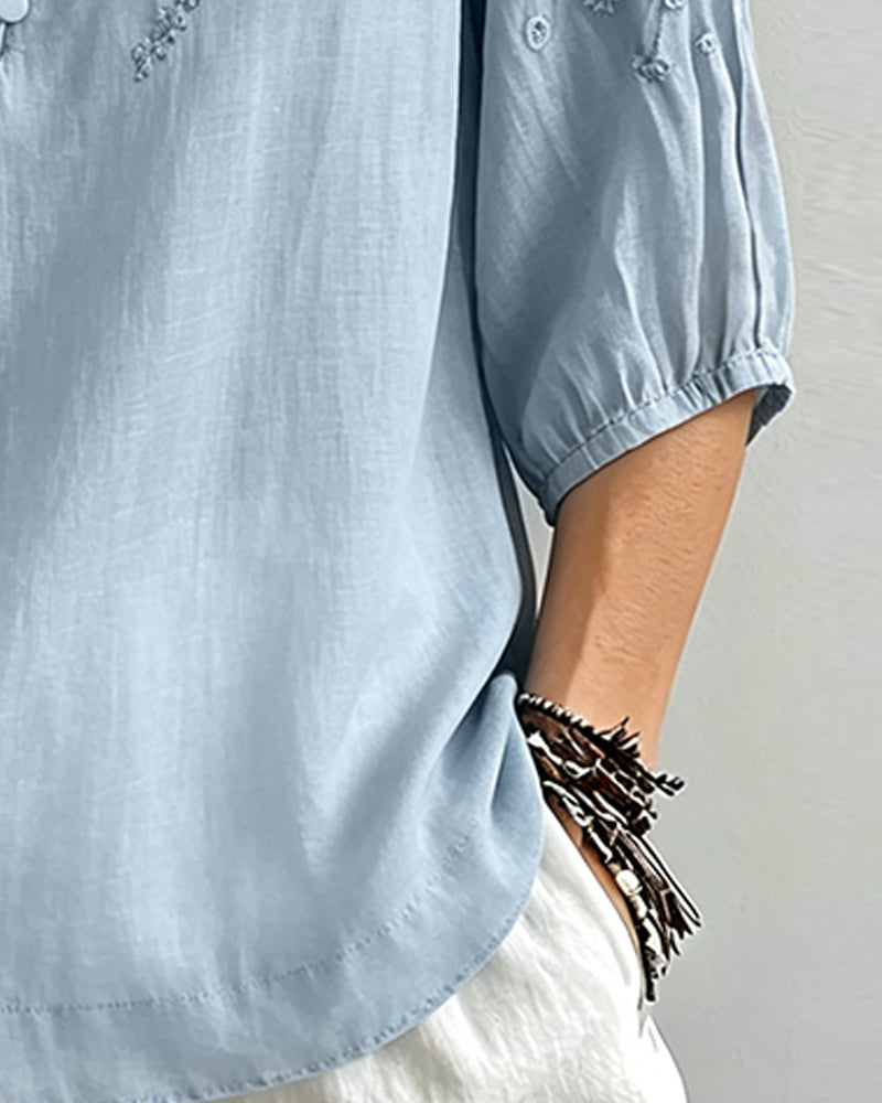 Blouse Broderie Manche 3/4 Unie