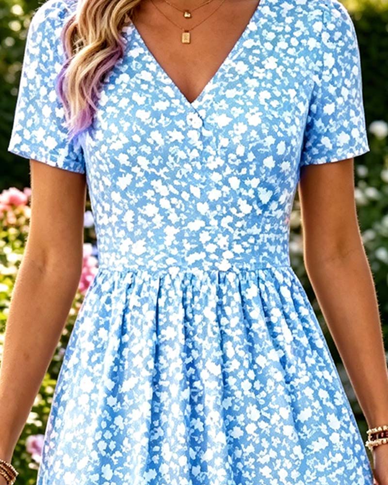 Robe Col En V Manches Courtes Petit Fleuri