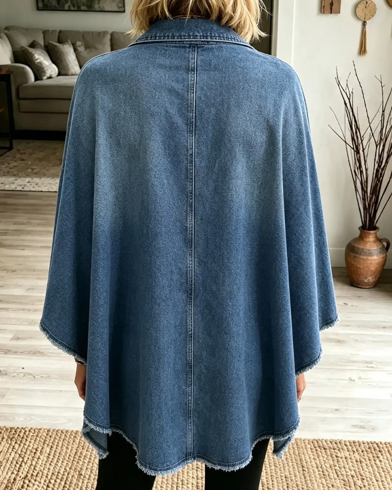 Manteau Revers Fermeture Éclair Frange Denim