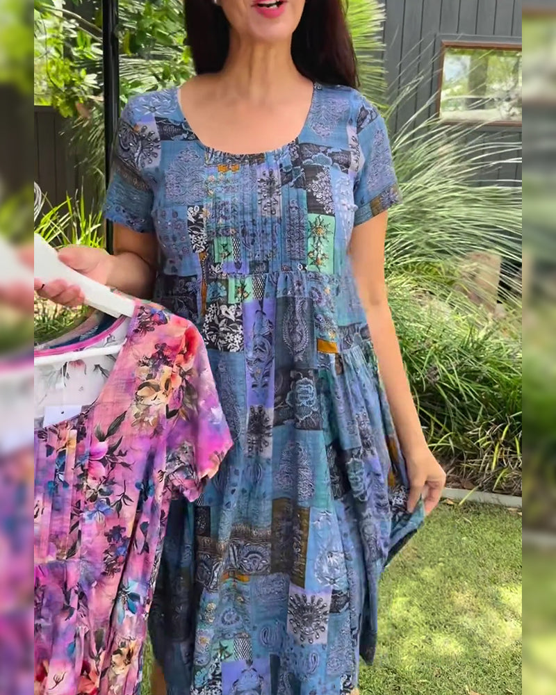 Robe Col Rond Plissée Imprimée Trapèze