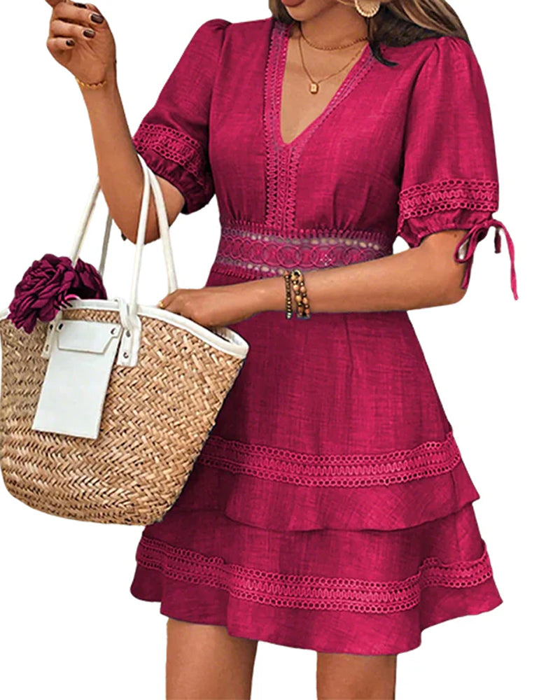 Robe Col V Superposée Unie Dentelle Patchwork