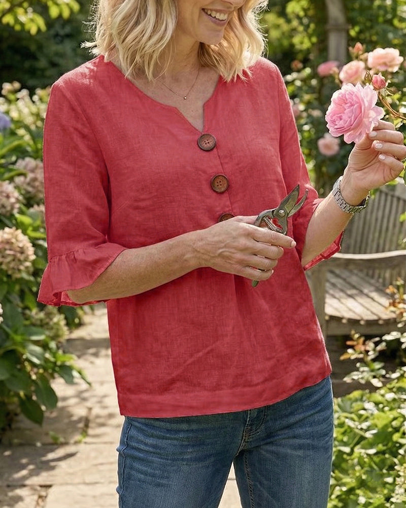 Blouses Unies Coton-Lin Boutons En Bois Volants