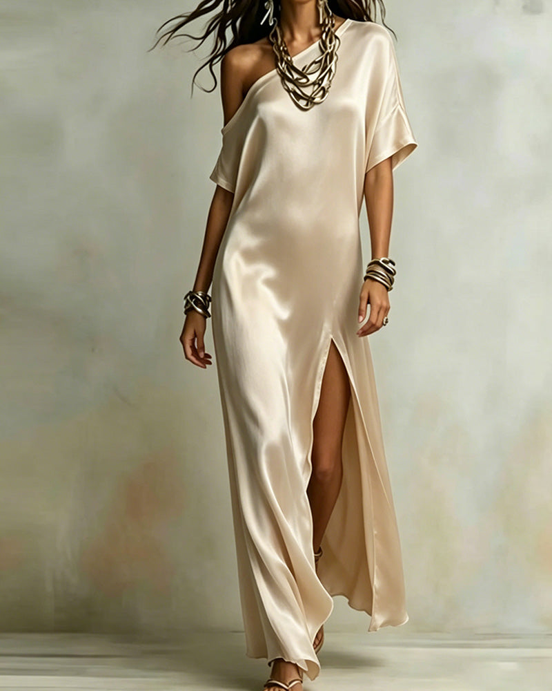 Robe Satin Une Épaule Fente Maxi