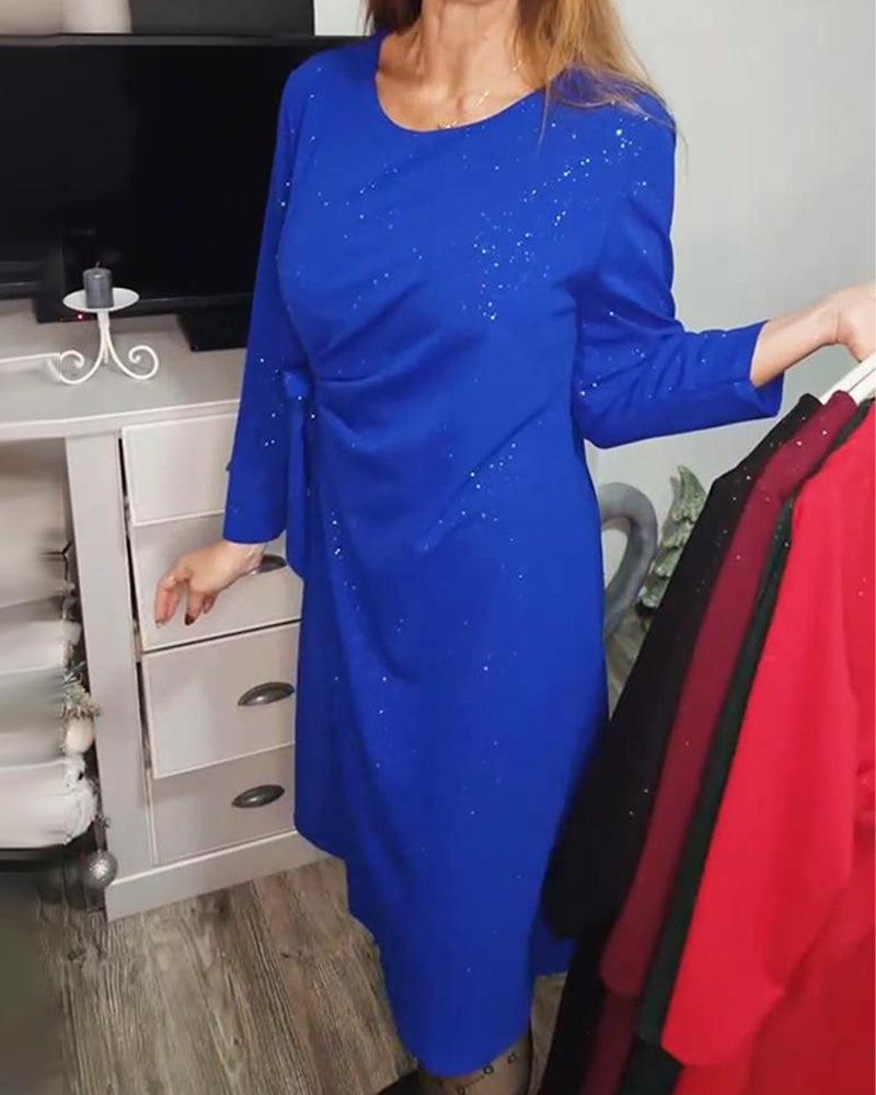 Robe Col Rond Manches Longues Ceinture Nouée