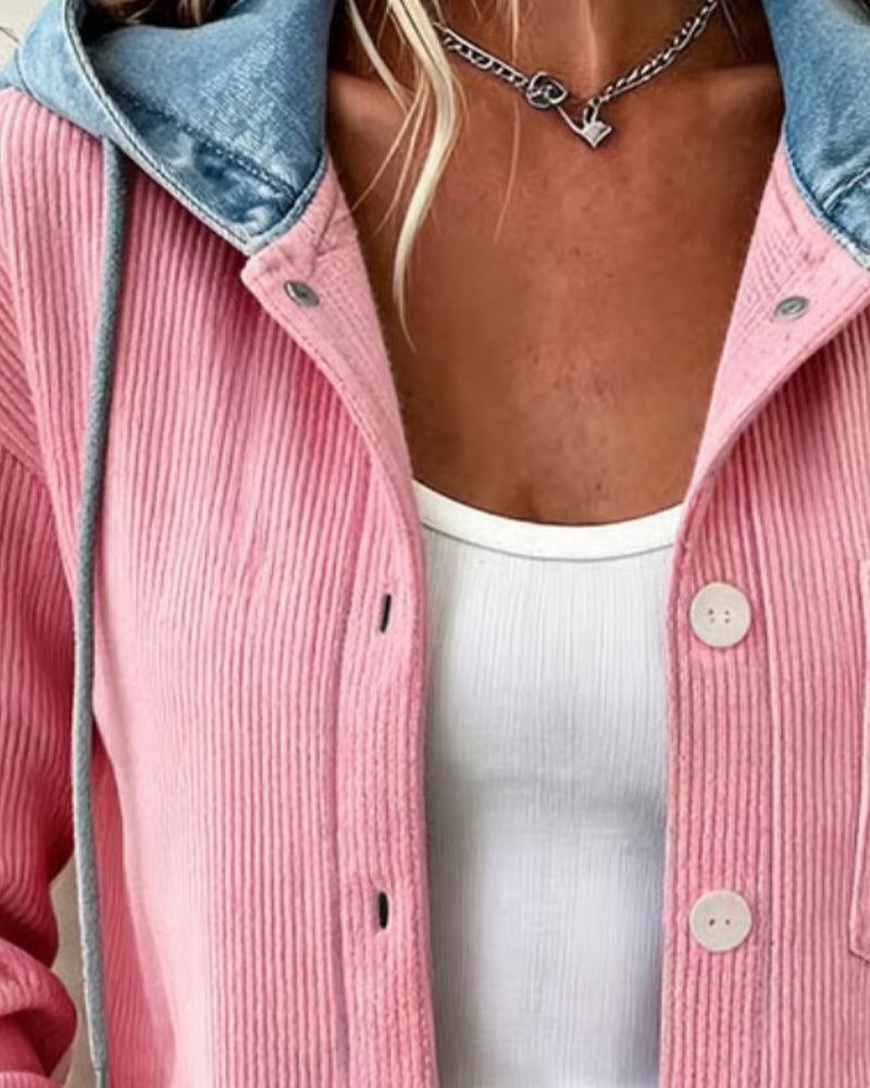 Manteau Capuche Nervuré Denim Patchwork Boutonné