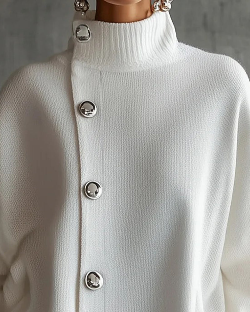 Robe Pull Bouton Unie Manche Longue