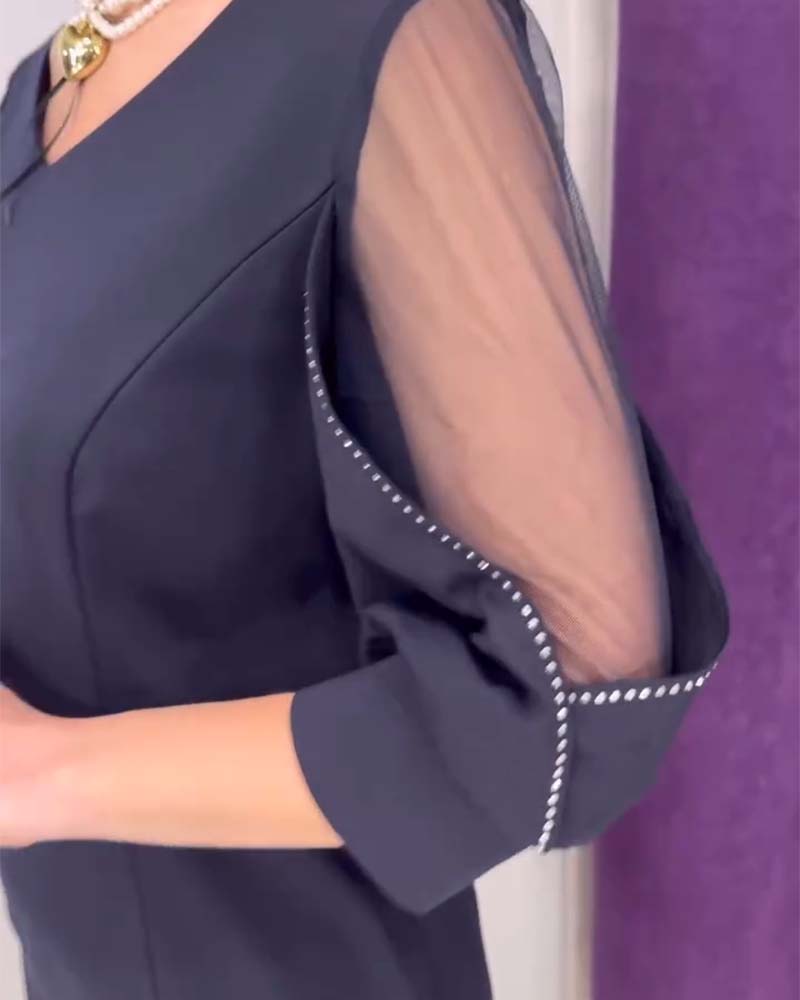 Robe Manches Mi-longues Col V Strass Couture