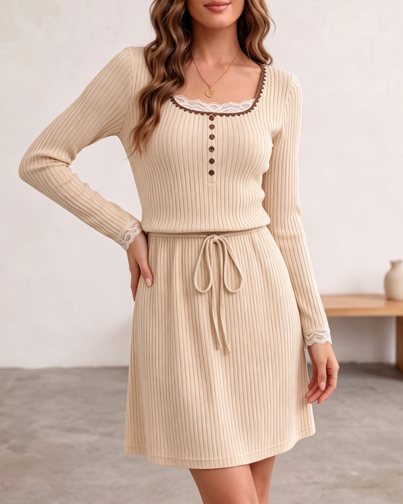 Robe Col En U Dentelle Bouton Cordon De Serrage Côtelé