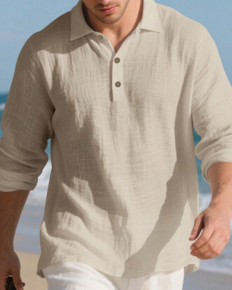 Chemise Homme Légère Coupe Ample Lin Manches Longues Polo