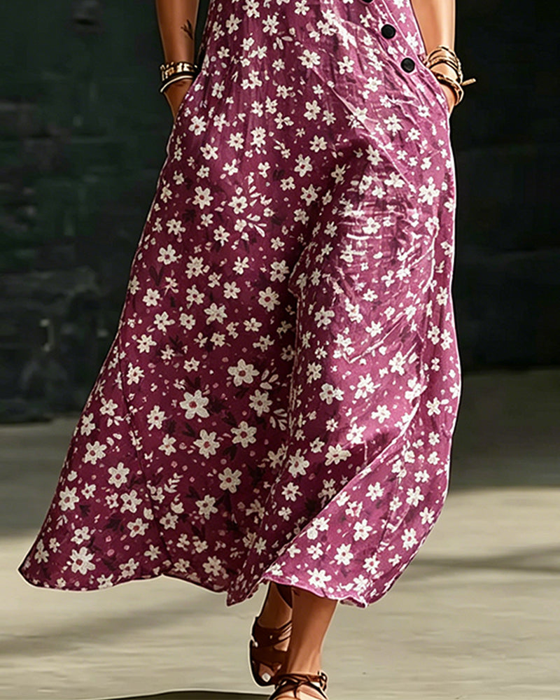 Robe Petits Fleurs Asymétrique Bouton Sans Manches