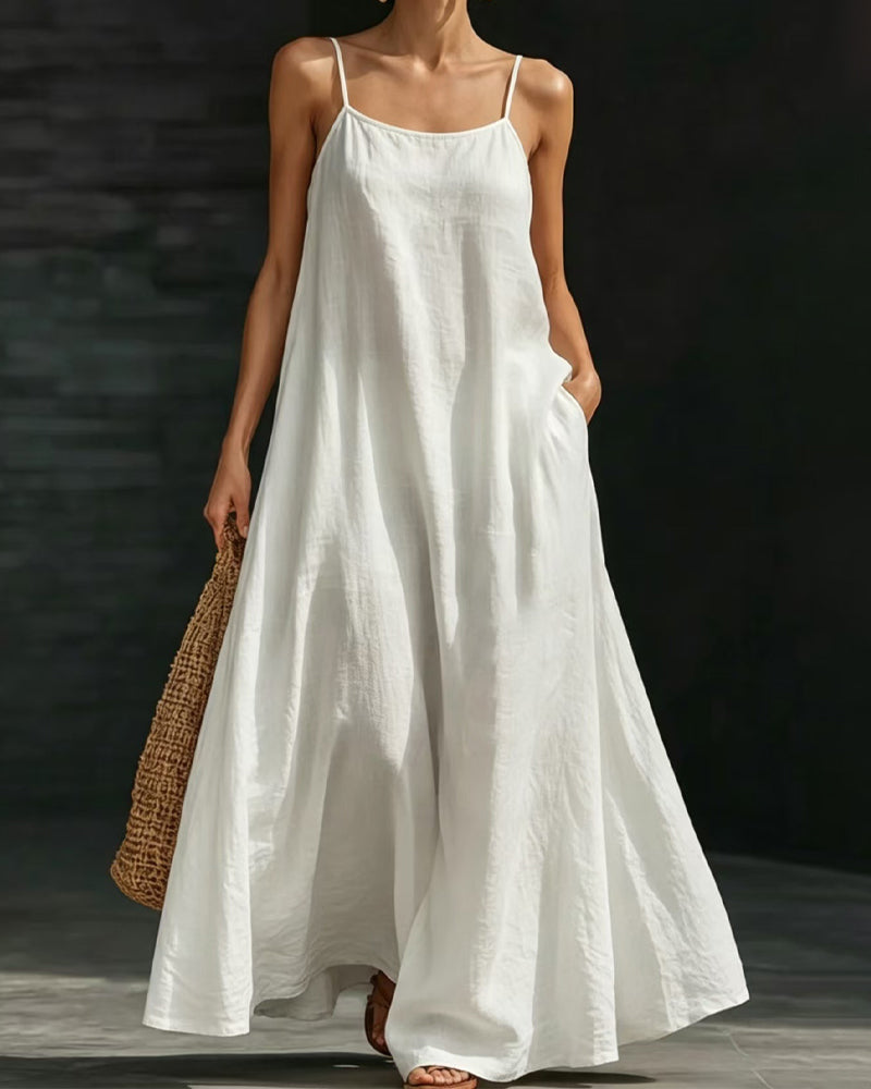 Robe Couleur Unie Bretelles Spaghetti Poche Longue