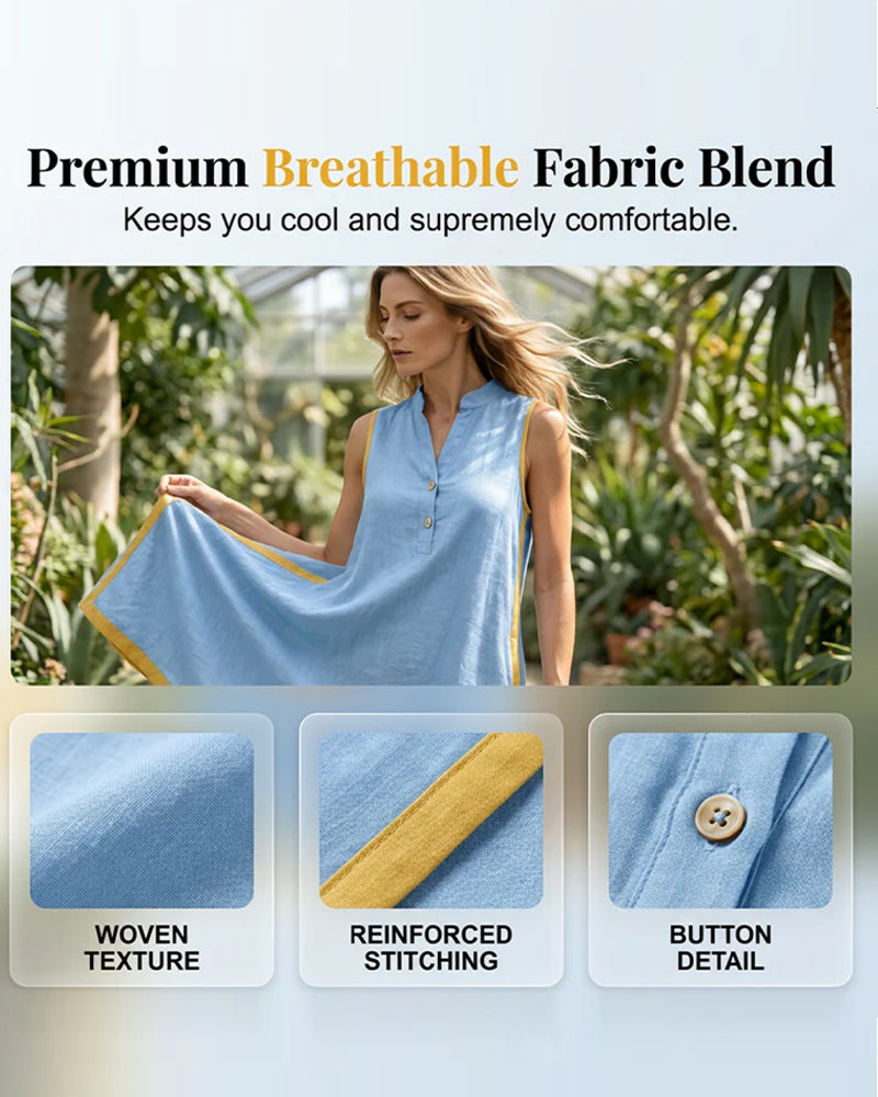 Robe Col Monté Bouton Patchwork Sans Manche