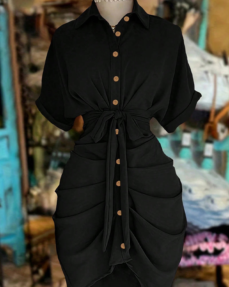 Robe Attacher Bouton Plissé Col Chemise