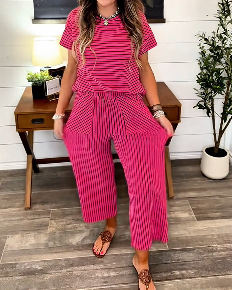 Ensemble Col Rond Rayé Taille Élastique Poche