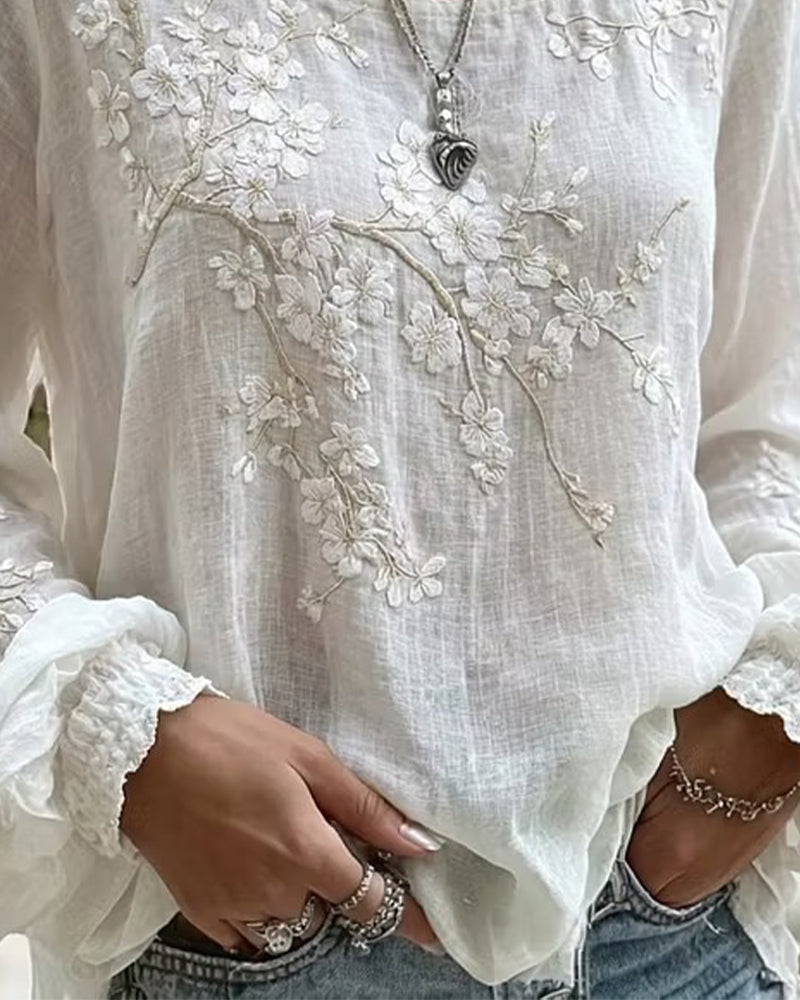 Blouse Texturée Fleur De Cerisier Brodée Col Rond