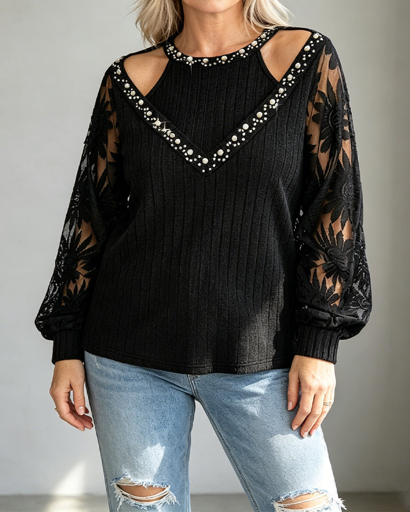 T-Shirt Perforé Dentelle Côtelé