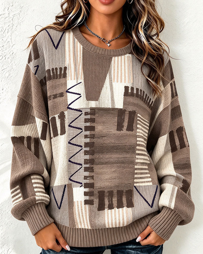 Sweatshirt Col Rond À Carreaux Bloc De Couleur