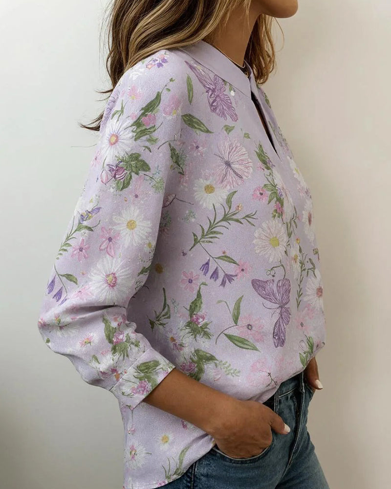 Blouse Imprimé Marguerite Et Papillon Manches Longues