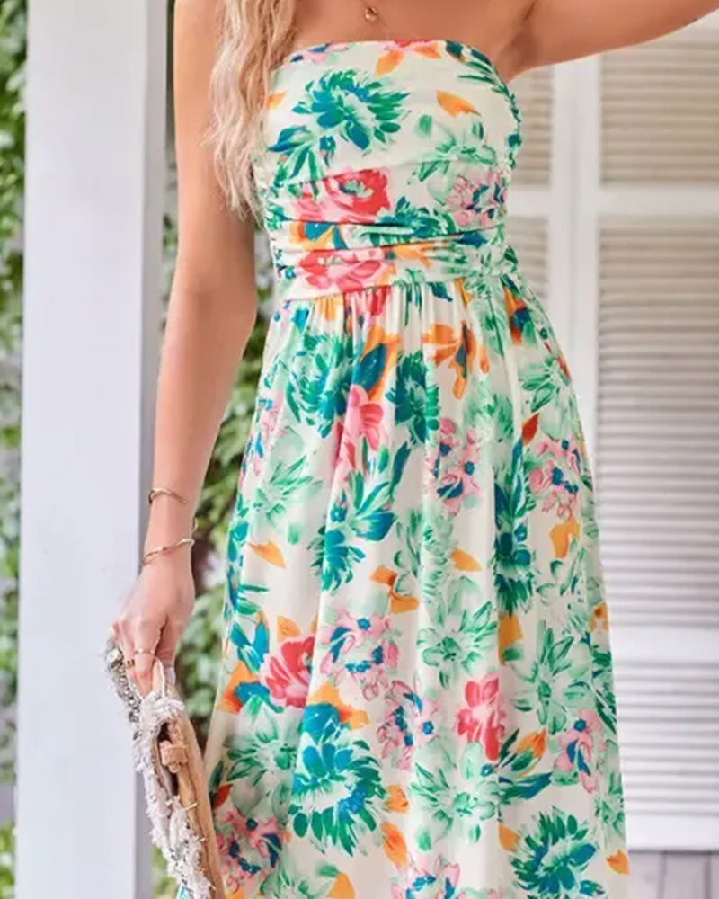 Robe Florale Sans Bretelles Taille A-Ligne
