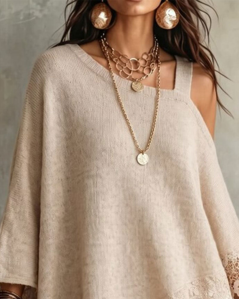 Pull Épaule Unique Bordure En Dentelle Patchwork