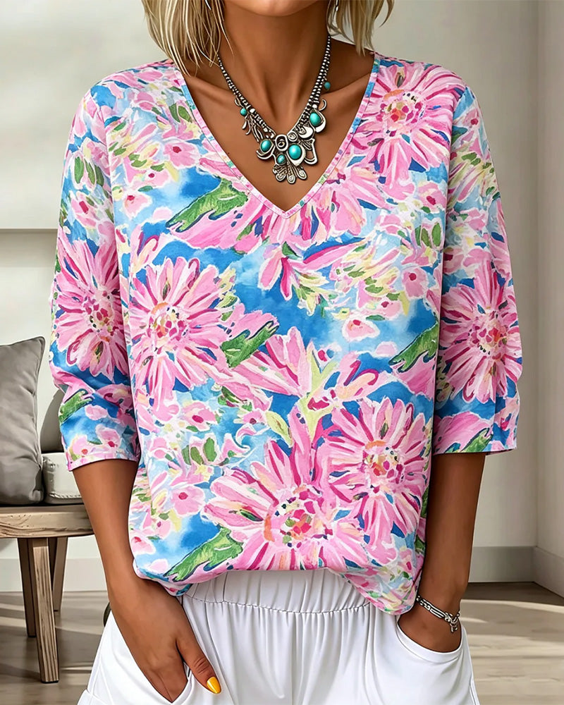 Blouse Fleurie Col En V Demi-Manches
