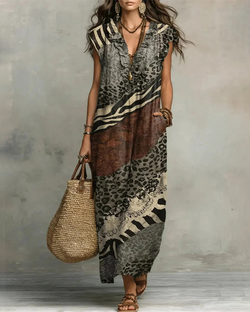 Robe Col En V Volant Motif Patchwork